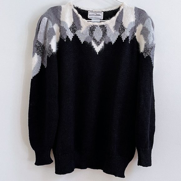 Vintage Lindor Black Knit Elegant Sweater Angora Rabbit Silver Embellished Sz L - Picture 1 of 9